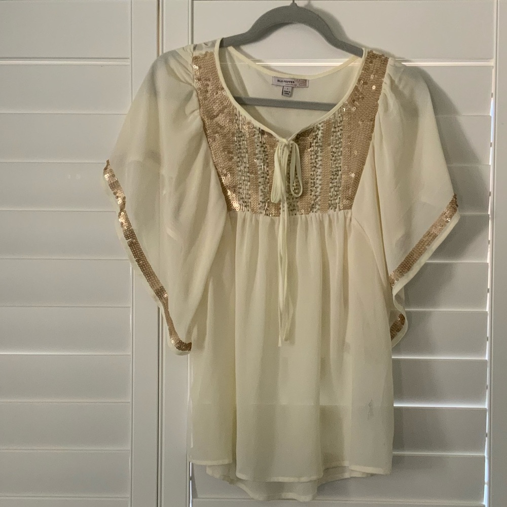 Cream and gold sequin sheer blouse